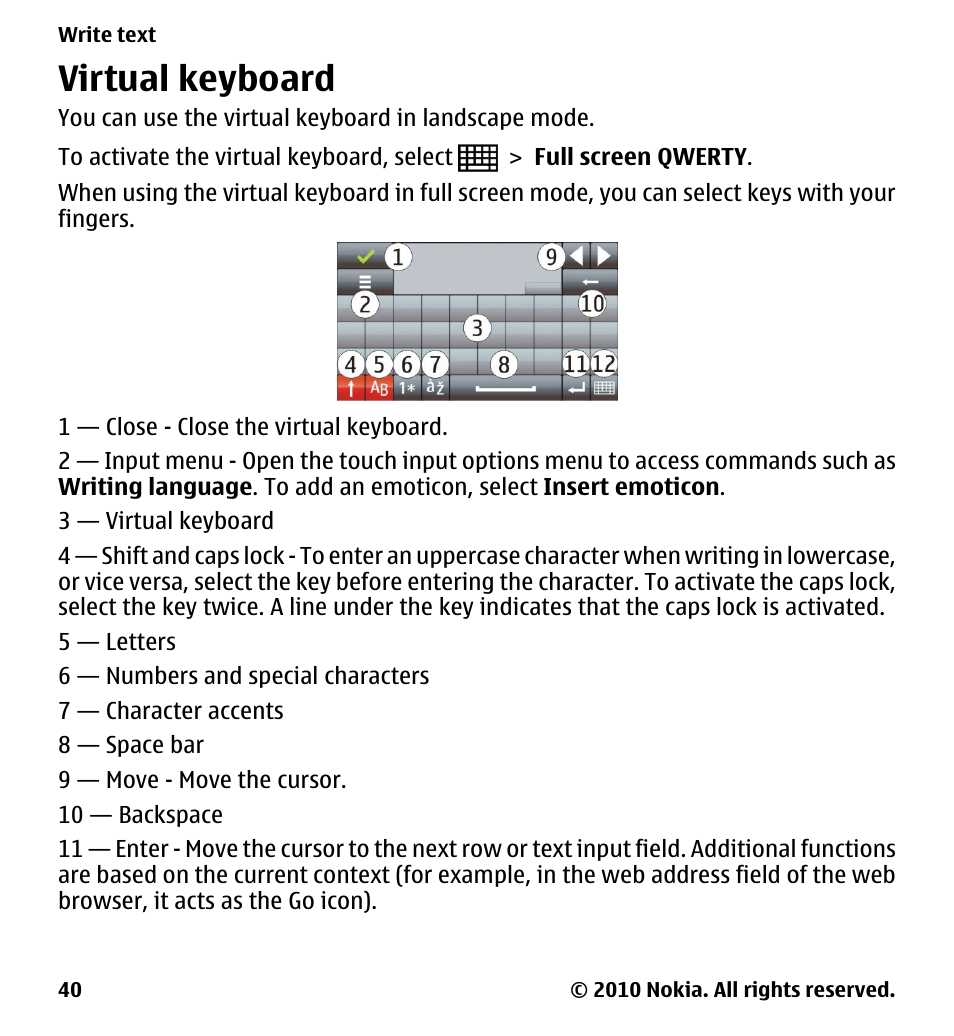 Virtual keyboard | Nokia 5228 User Manual | Page 40 / 129