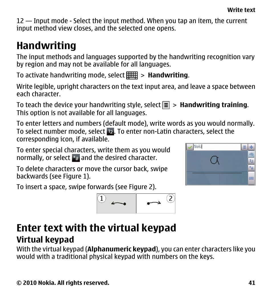 Handwriting, Enter text with the virtual keypad, Virtual keypad | Nokia 5228 User Manual | Page 41 / 129