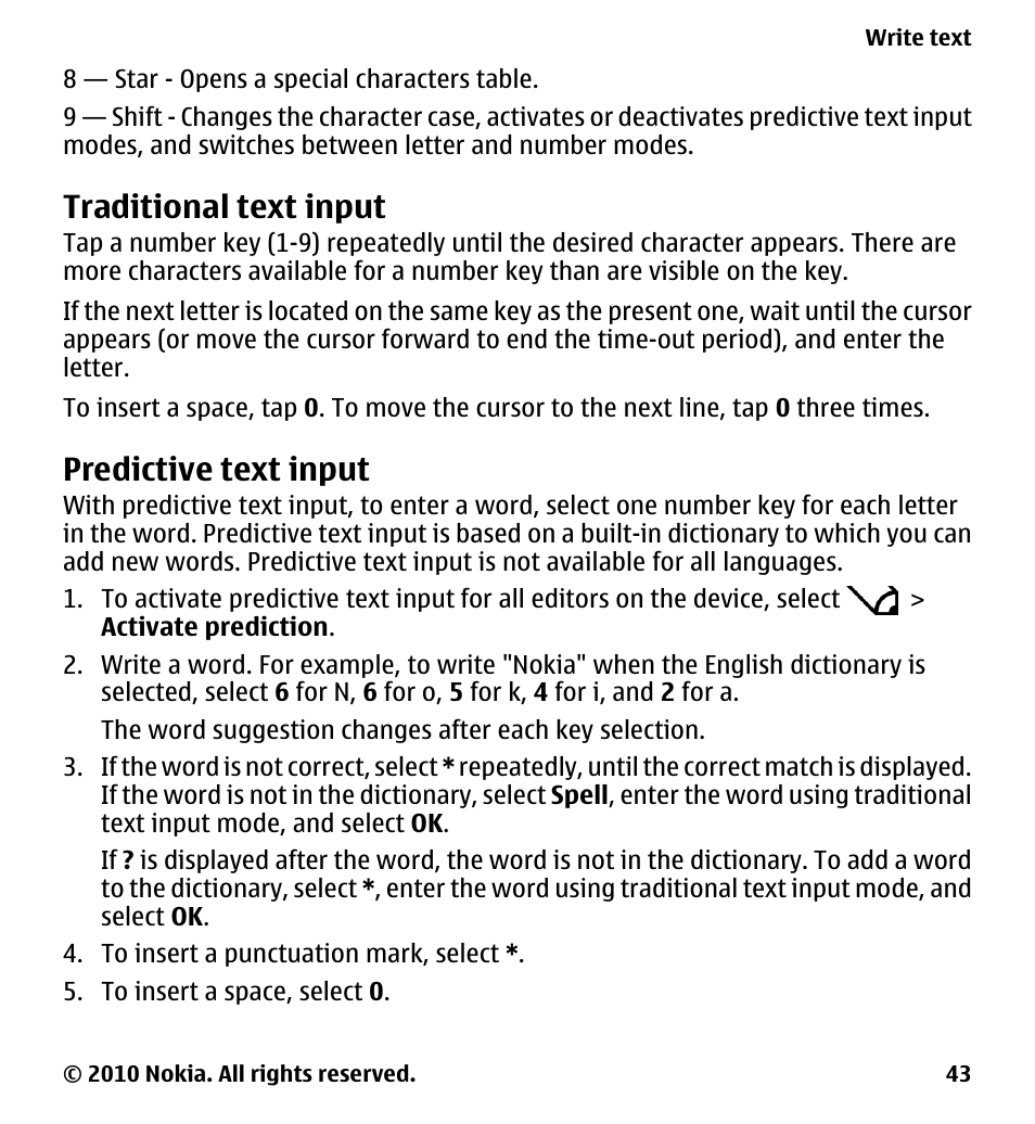 Traditional text input, Predictive text input | Nokia 5228 User Manual | Page 43 / 129