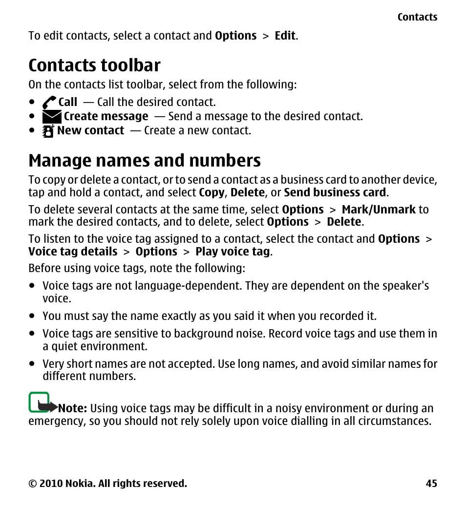 Contacts toolbar, Manage names and numbers | Nokia 5228 User Manual | Page 45 / 129