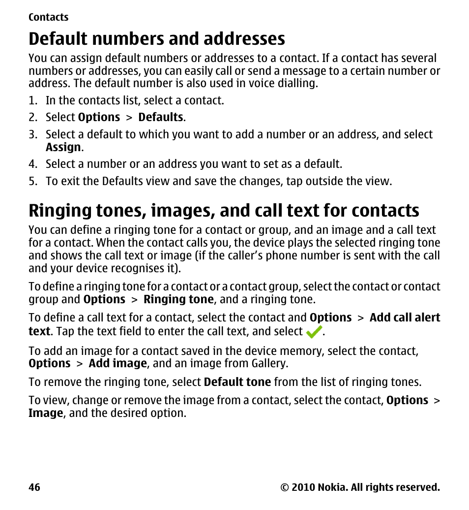 Default numbers and addresses, Ringing tones, images, and call text for contacts, Ringing tones, images, and call text | For contacts | Nokia 5228 User Manual | Page 46 / 129