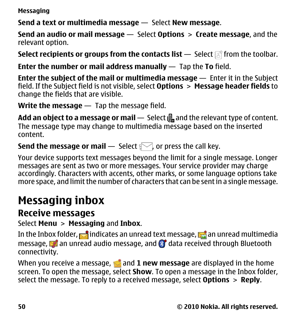 Messaging inbox, Receive messages | Nokia 5228 User Manual | Page 50 / 129