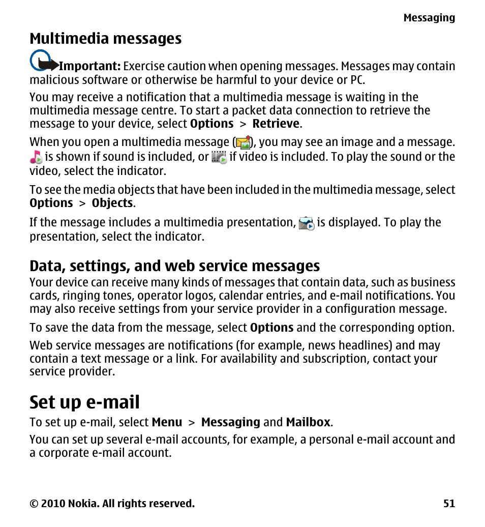 Multimedia messages, Data, settings, and web service messages, Set up e-mail | Nokia 5228 User Manual | Page 51 / 129