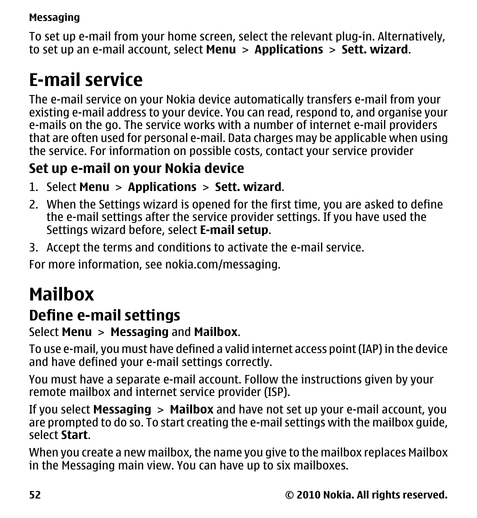 E-mail service, Mailbox, Define e-mail settings | Nokia 5228 User Manual | Page 52 / 129