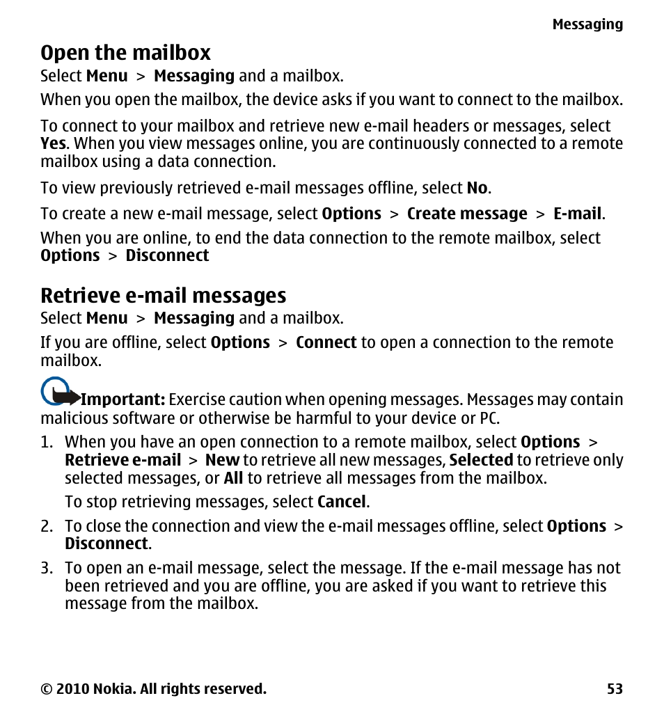 Open the mailbox, Retrieve e-mail messages | Nokia 5228 User Manual | Page 53 / 129