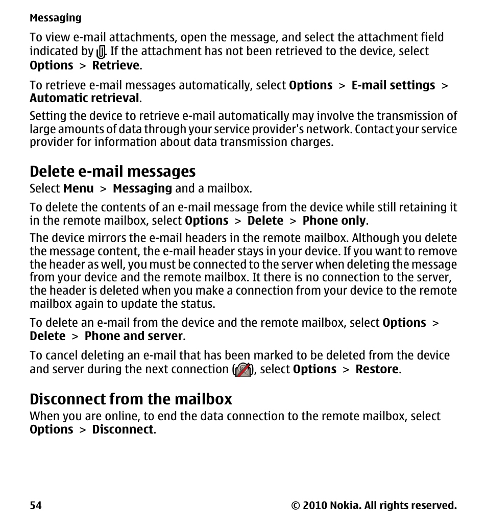 Delete e-mail messages, Disconnect from the mailbox | Nokia 5228 User Manual | Page 54 / 129