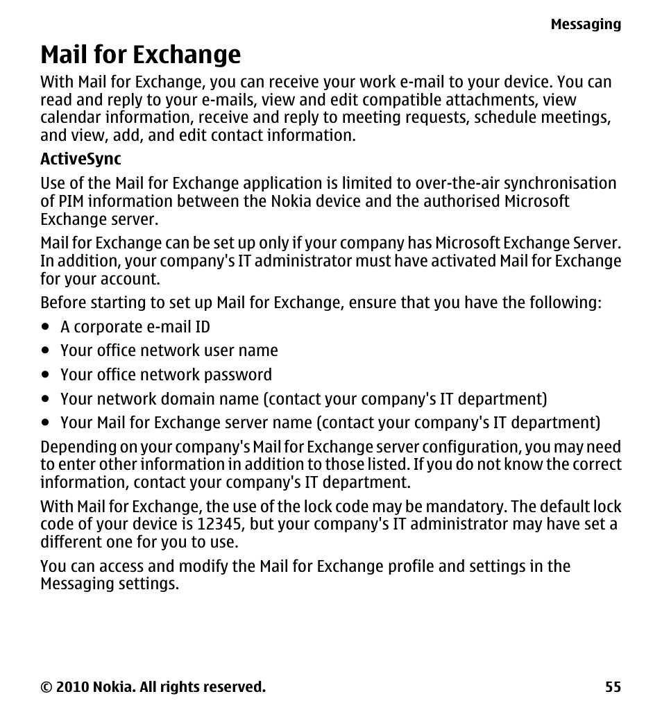 Mail for exchange | Nokia 5228 User Manual | Page 55 / 129