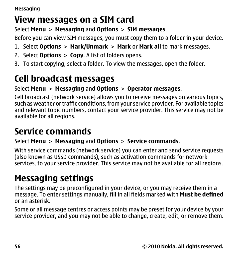 View messages on a sim card, Cell broadcast messages, Service commands | Messaging settings | Nokia 5228 User Manual | Page 56 / 129