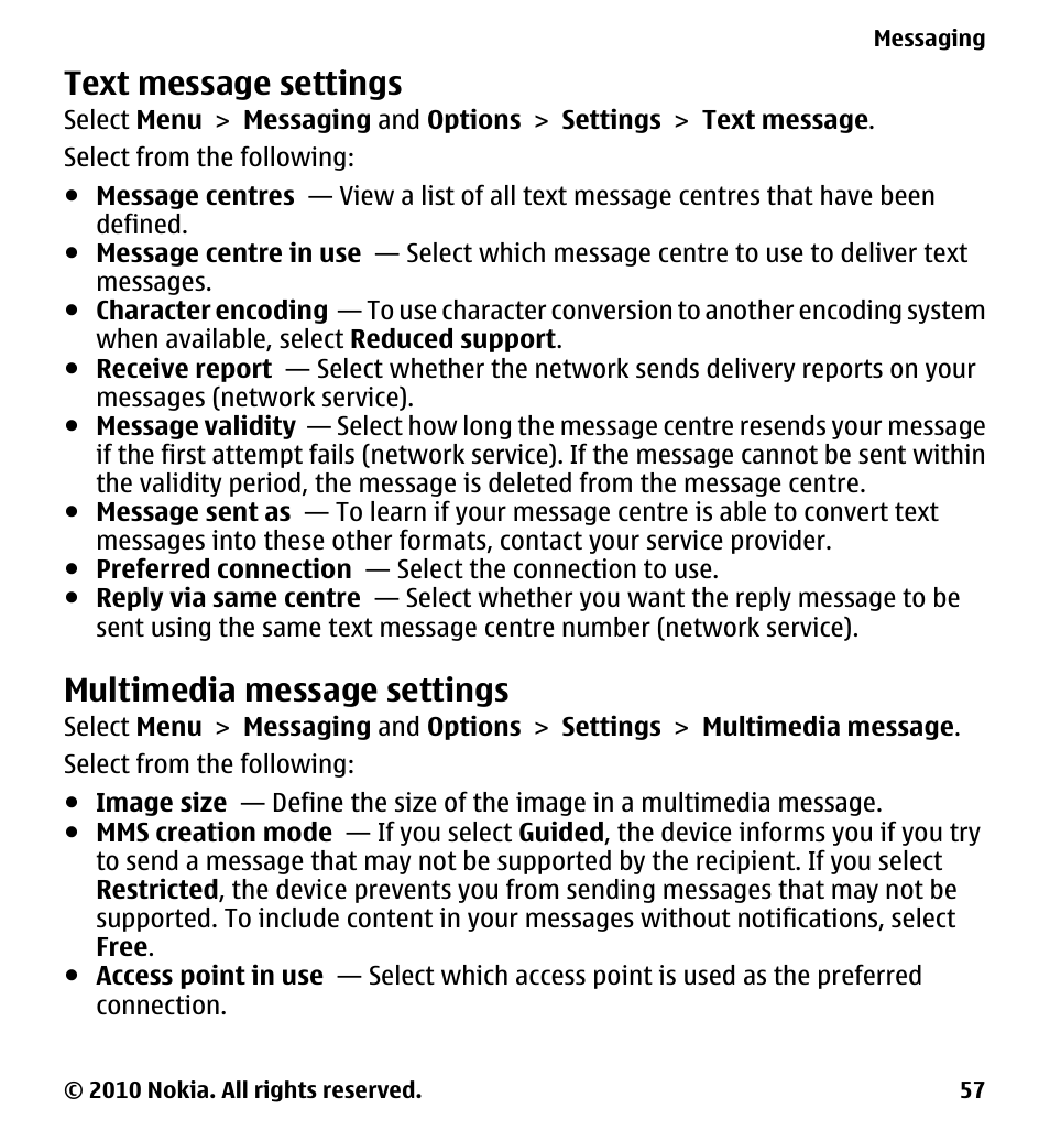 Text message settings, Multimedia message settings | Nokia 5228 User Manual | Page 57 / 129