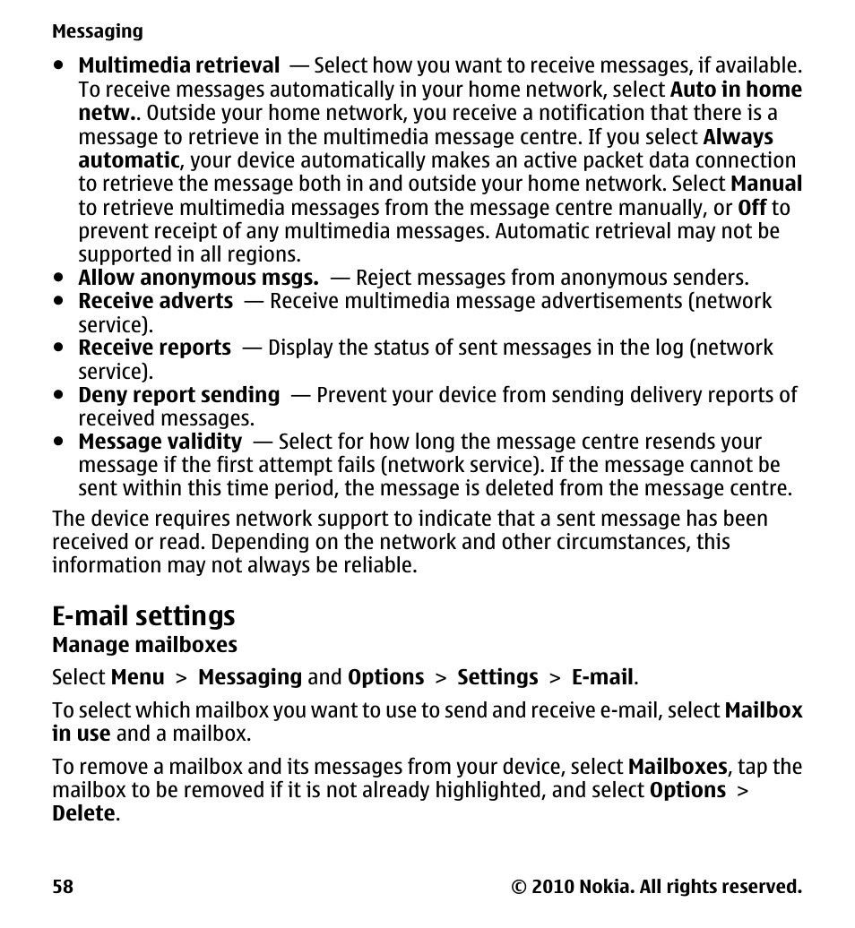 E-mail settings, Manage mailboxes | Nokia 5228 User Manual | Page 58 / 129