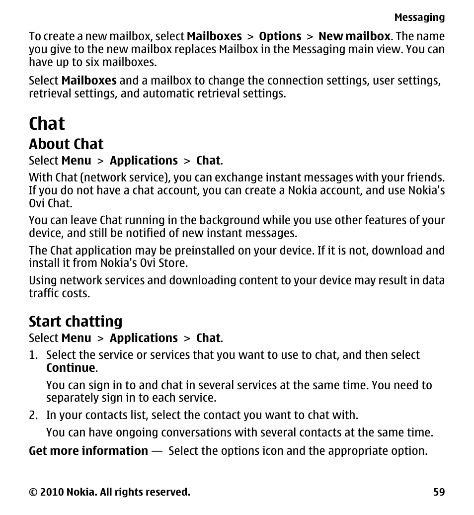 Chat, About chat, Start chatting | Nokia 5228 User Manual | Page 59 / 129