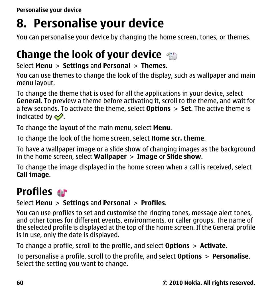 Personalise your device, Change the look of your device, Profiles | Nokia 5228 User Manual | Page 60 / 129