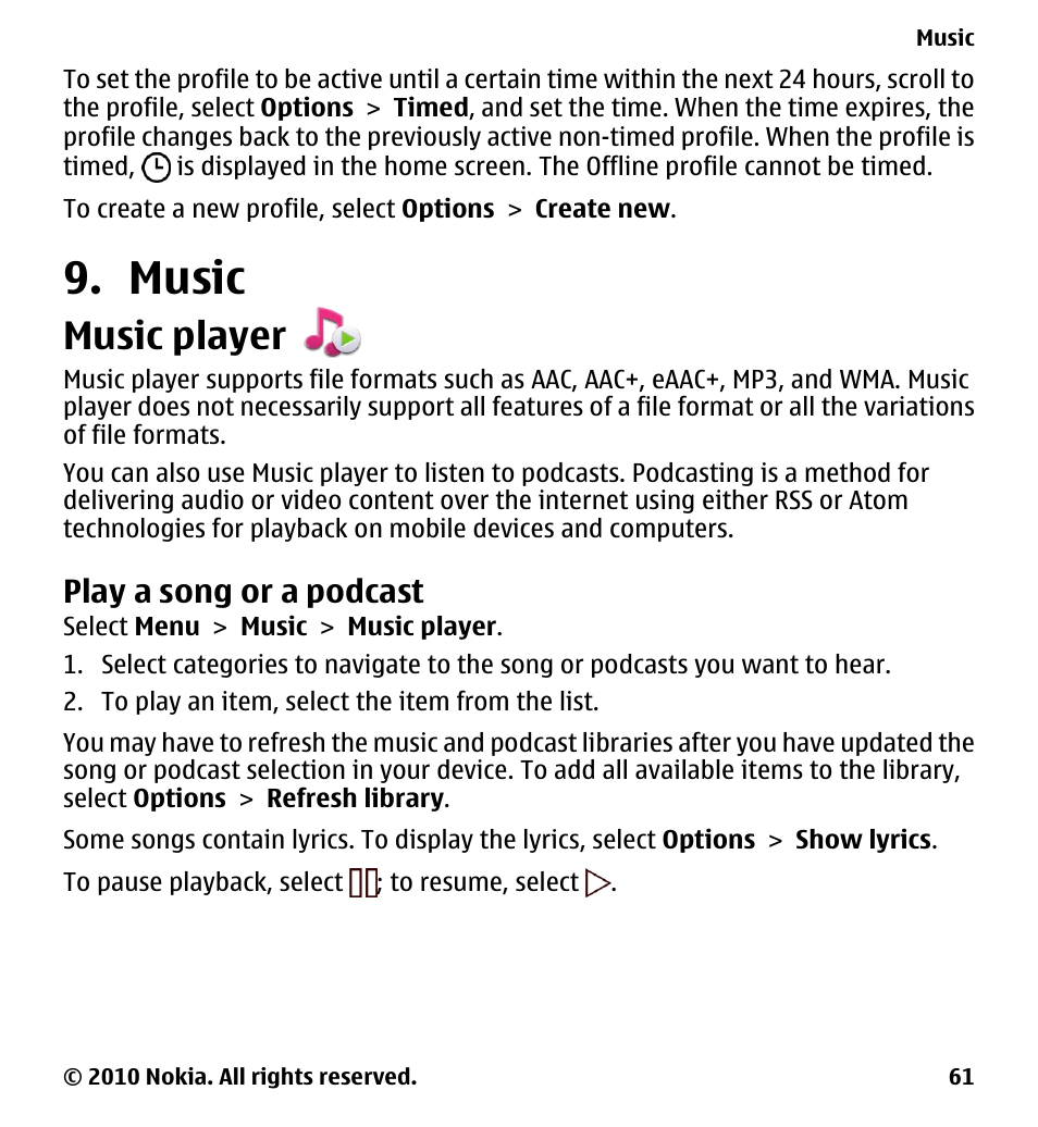 Music, Music player, Play a song or a podcast | Nokia 5228 User Manual | Page 61 / 129