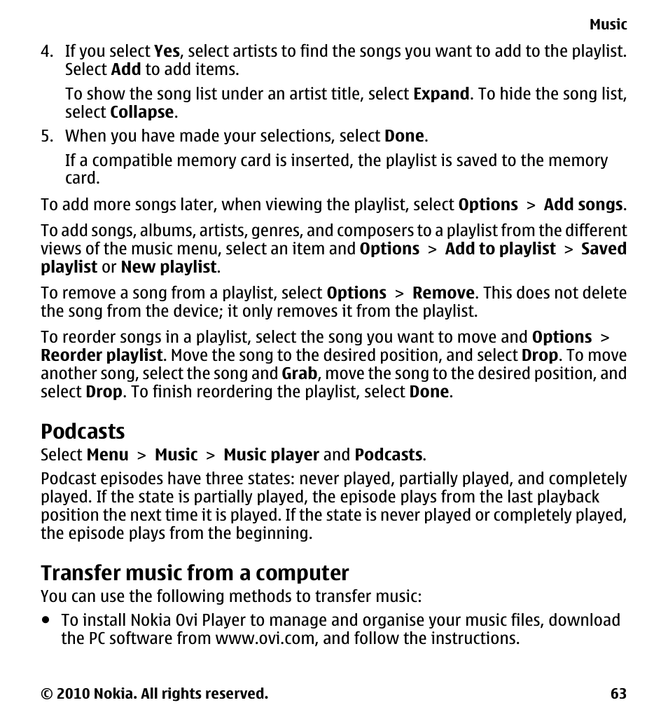 Podcasts, Transfer music from a computer | Nokia 5228 User Manual | Page 63 / 129