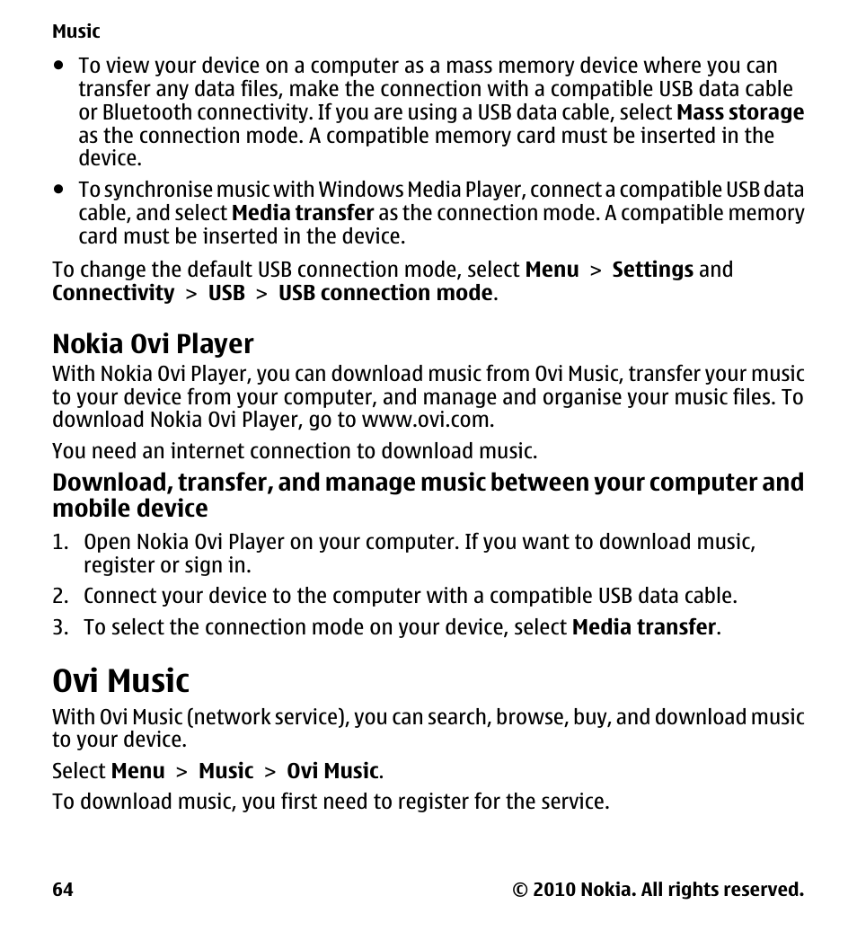 Nokia ovi player, Ovi music | Nokia 5228 User Manual | Page 64 / 129