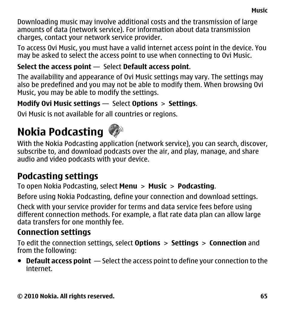 Nokia podcasting, Podcasting settings | Nokia 5228 User Manual | Page 65 / 129