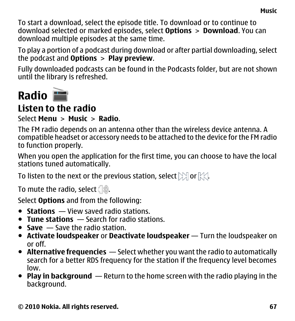 Radio, Listen to the radio | Nokia 5228 User Manual | Page 67 / 129