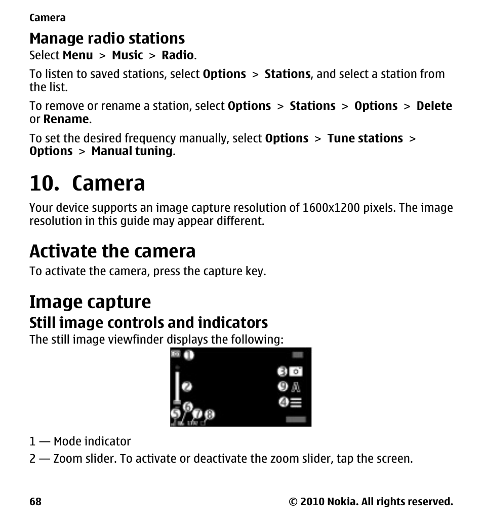 Manage radio stations, Camera, Activate the camera | Image capture, Still image controls and indicators | Nokia 5228 User Manual | Page 68 / 129