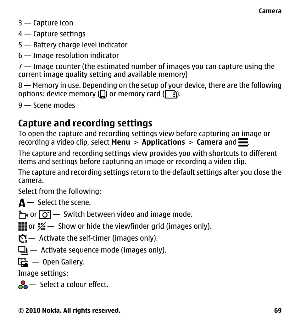 Capture and recording settings | Nokia 5228 User Manual | Page 69 / 129