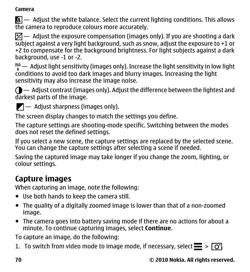 Capture images | Nokia 5228 User Manual | Page 70 / 129