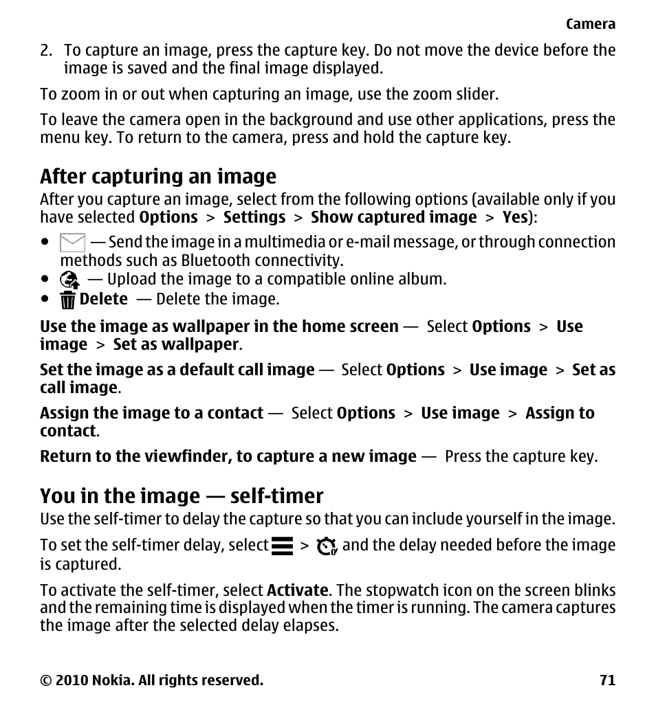 After capturing an image, You in the image — self-timer | Nokia 5228 User Manual | Page 71 / 129