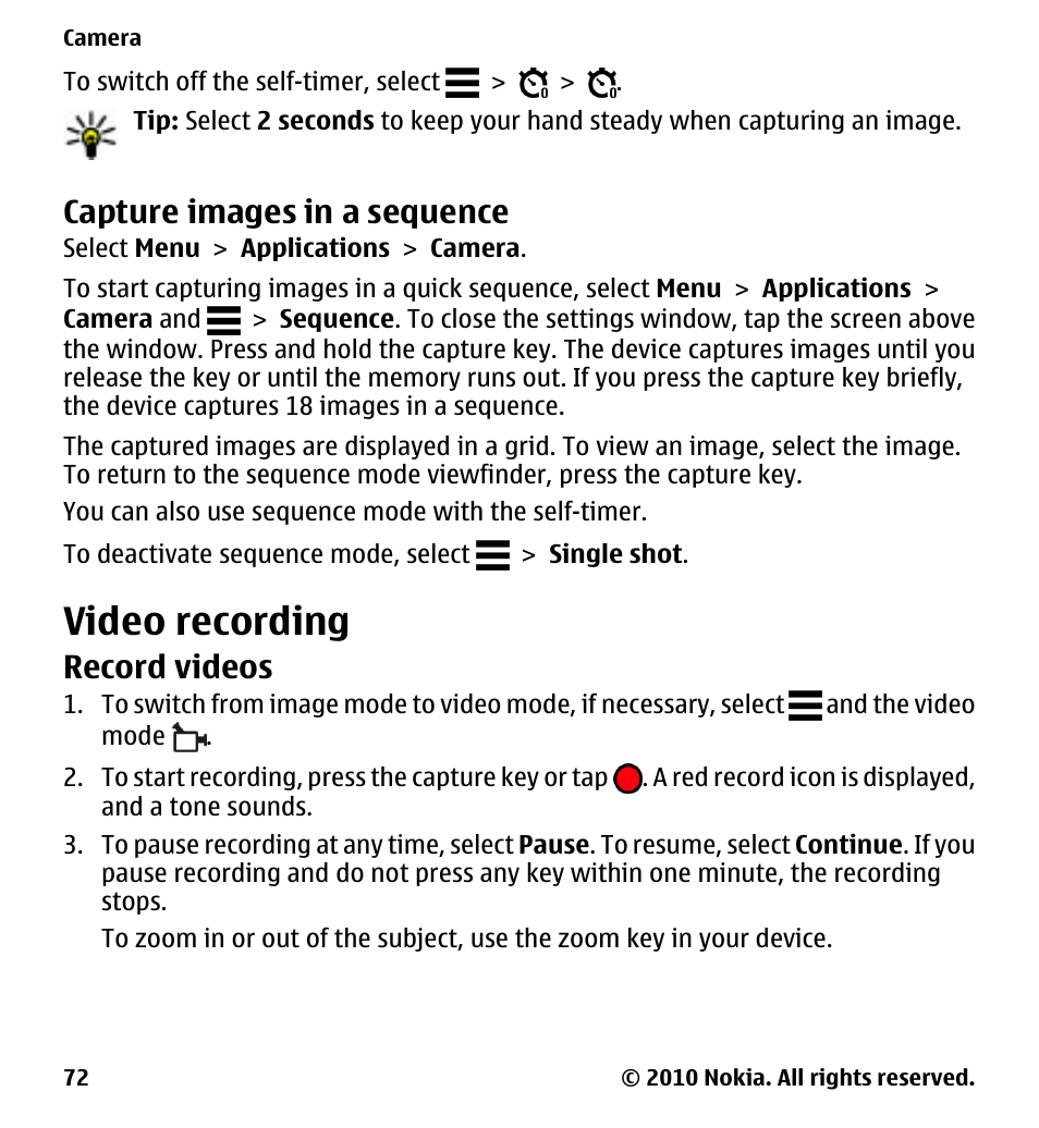 Capture images in a sequence, Video recording, Record videos | Nokia 5228 User Manual | Page 72 / 129