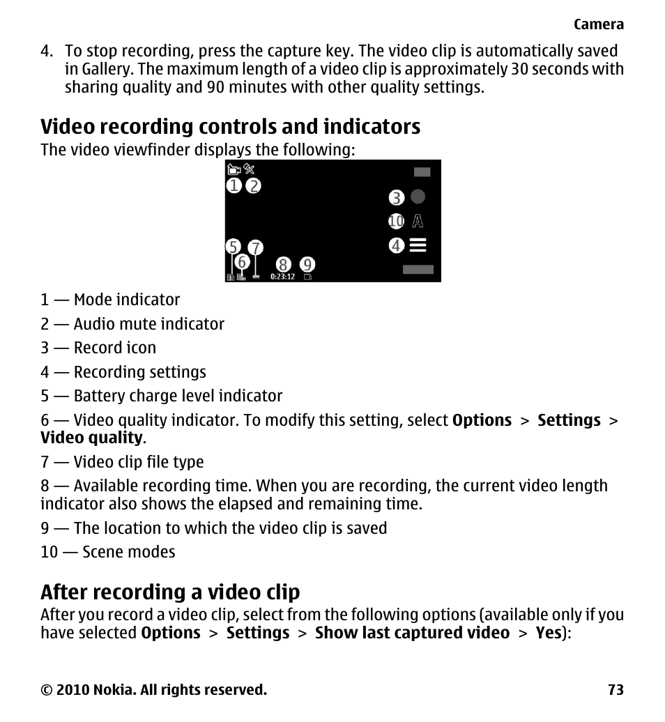 Video recording controls and indicators, After recording a video clip | Nokia 5228 User Manual | Page 73 / 129