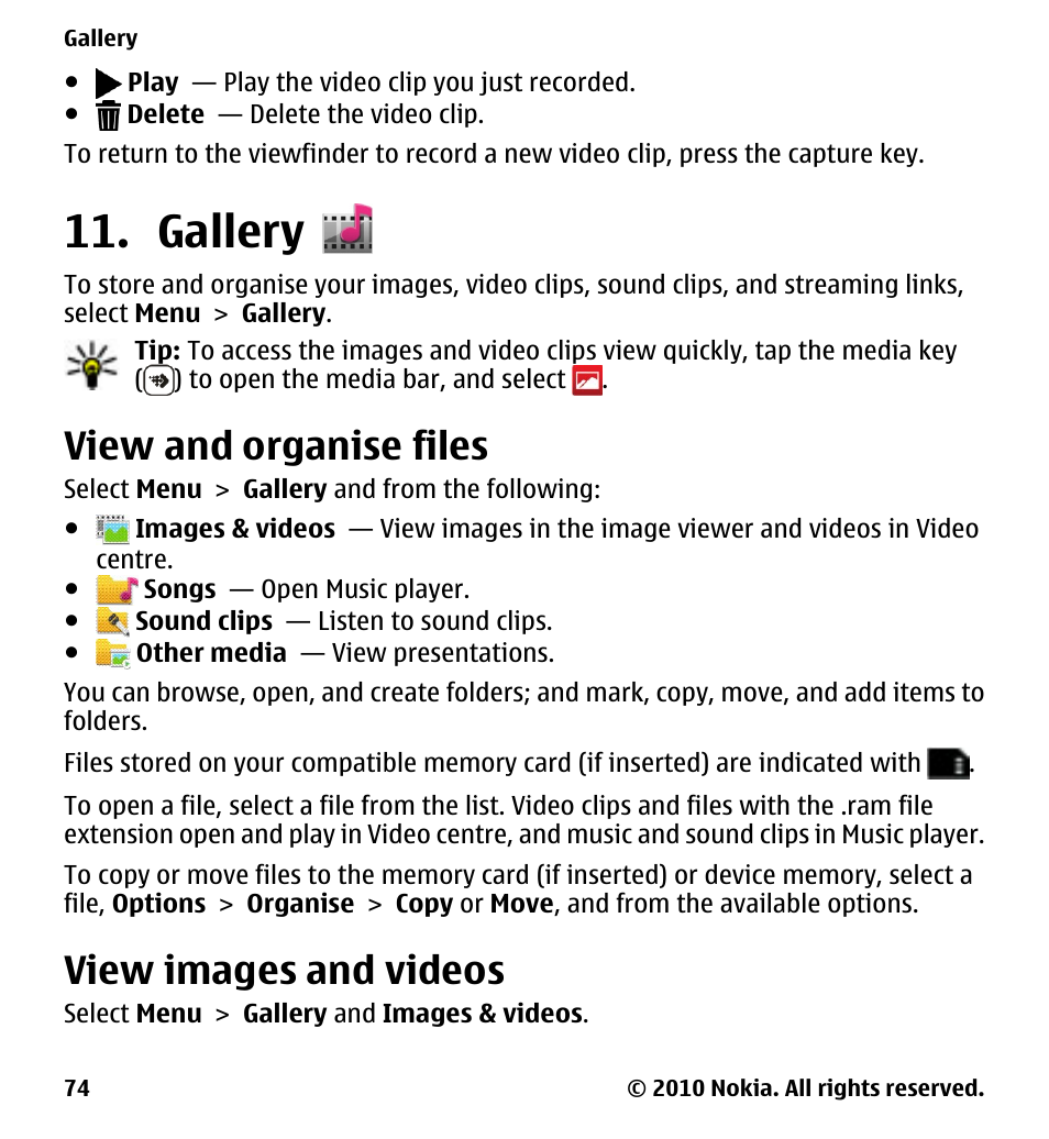 Gallery, View and organise files, View images and videos | Nokia 5228 User Manual | Page 74 / 129