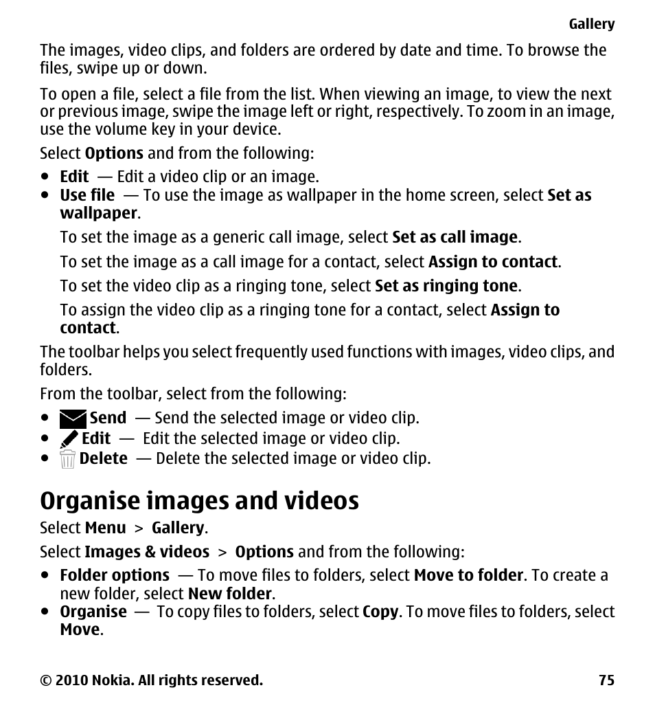 Organise images and videos | Nokia 5228 User Manual | Page 75 / 129