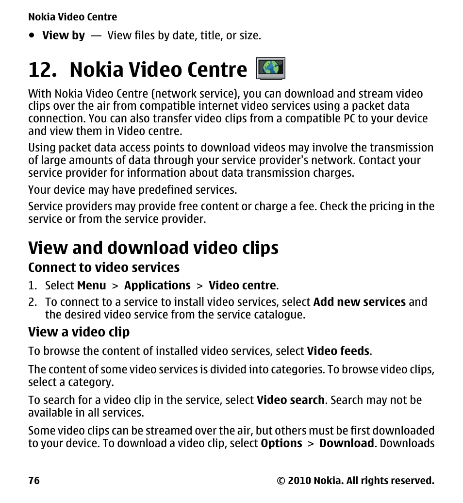 Nokia video centre, View and download video clips | Nokia 5228 User Manual | Page 76 / 129