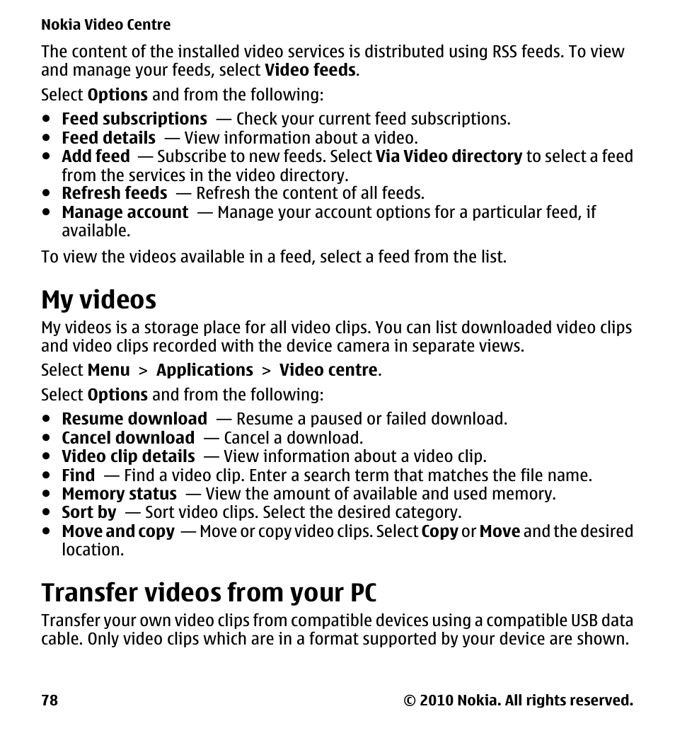 My videos, Transfer videos from your pc | Nokia 5228 User Manual | Page 78 / 129