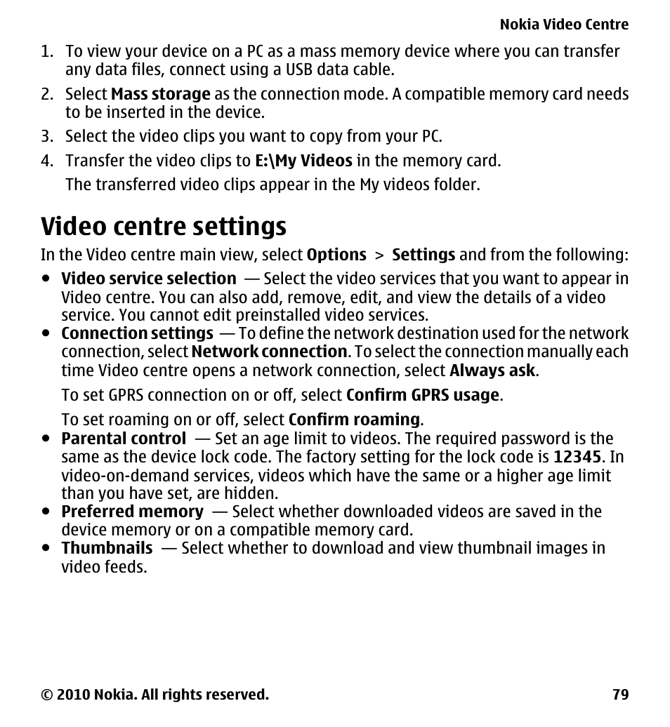 Video centre settings | Nokia 5228 User Manual | Page 79 / 129