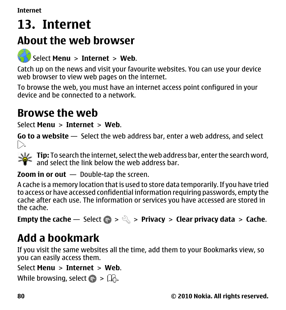 Internet, About the web browser, Browse the web | Add a bookmark | Nokia 5228 User Manual | Page 80 / 129
