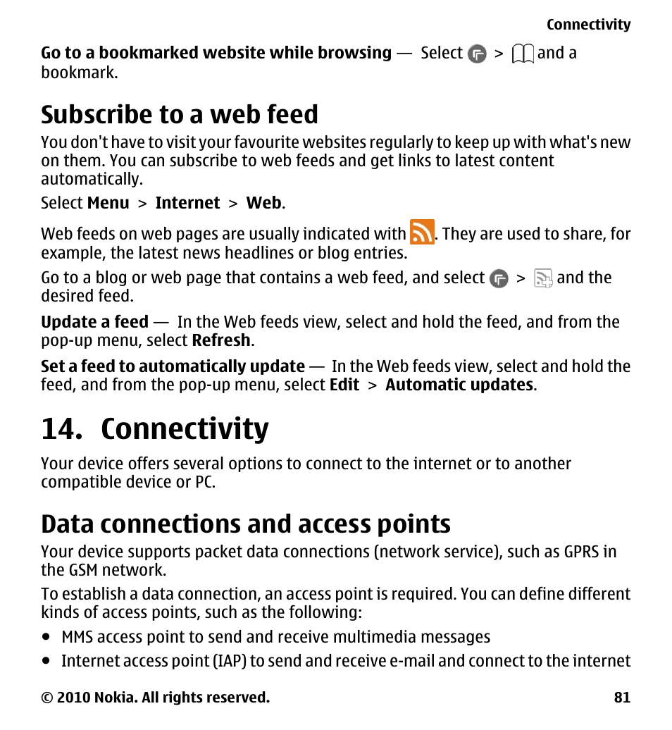 Subscribe to a web feed, Connectivity, Data connections and access points | Nokia 5228 User Manual | Page 81 / 129