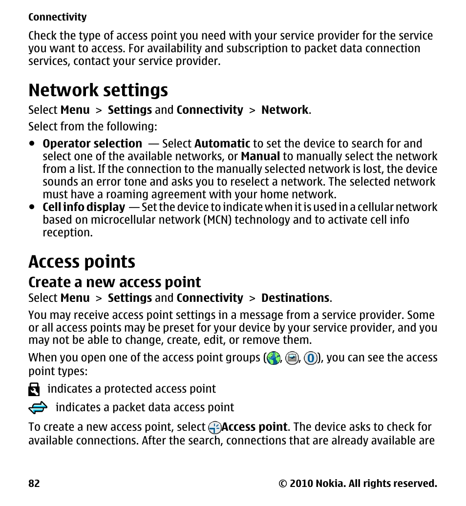 Network settings, Access points, Create a new access point | Nokia 5228 User Manual | Page 82 / 129