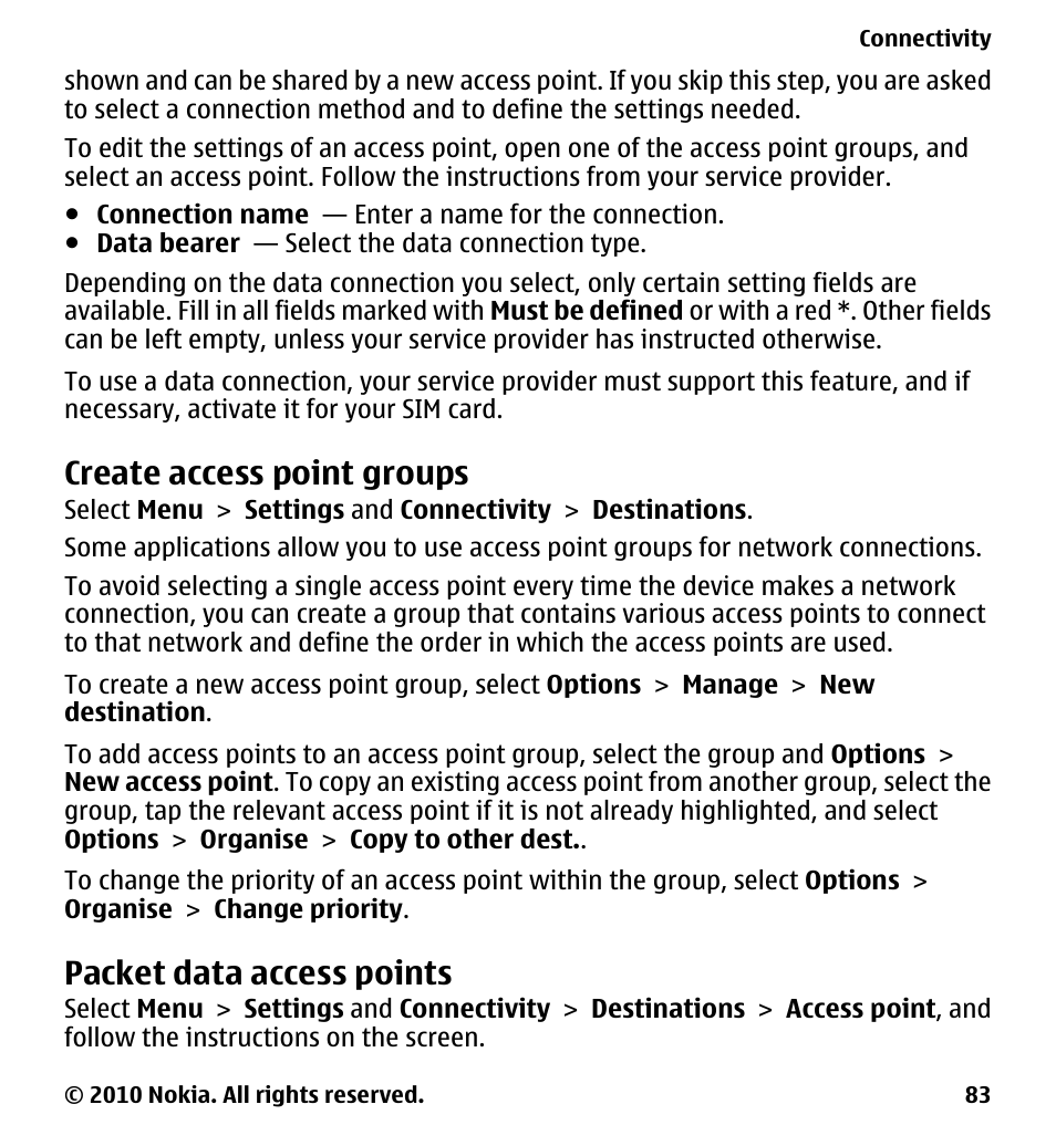 Create access point groups, Packet data access points | Nokia 5228 User Manual | Page 83 / 129