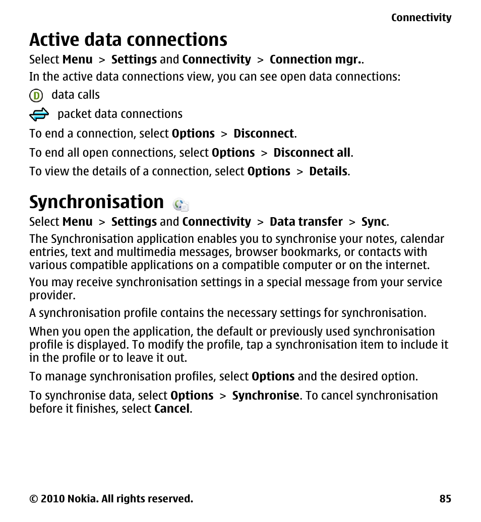 Active data connections, Synchronisation | Nokia 5228 User Manual | Page 85 / 129