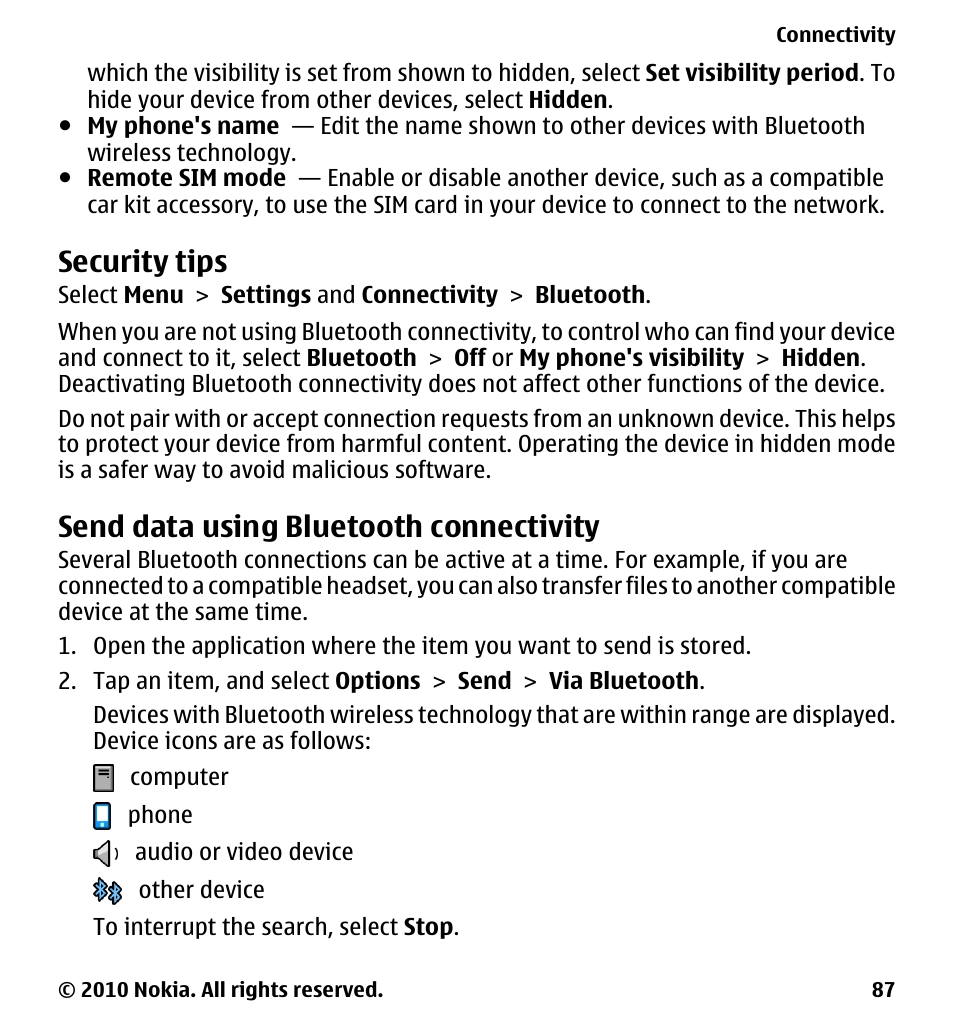 Security tips, Send data using bluetooth connectivity | Nokia 5228 User Manual | Page 87 / 129