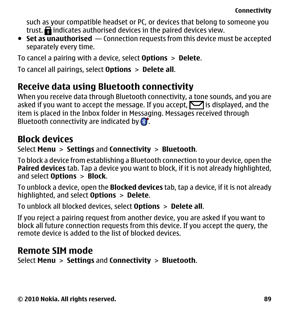 Receive data using bluetooth connectivity, Block devices, Remote sim mode | Nokia 5228 User Manual | Page 89 / 129