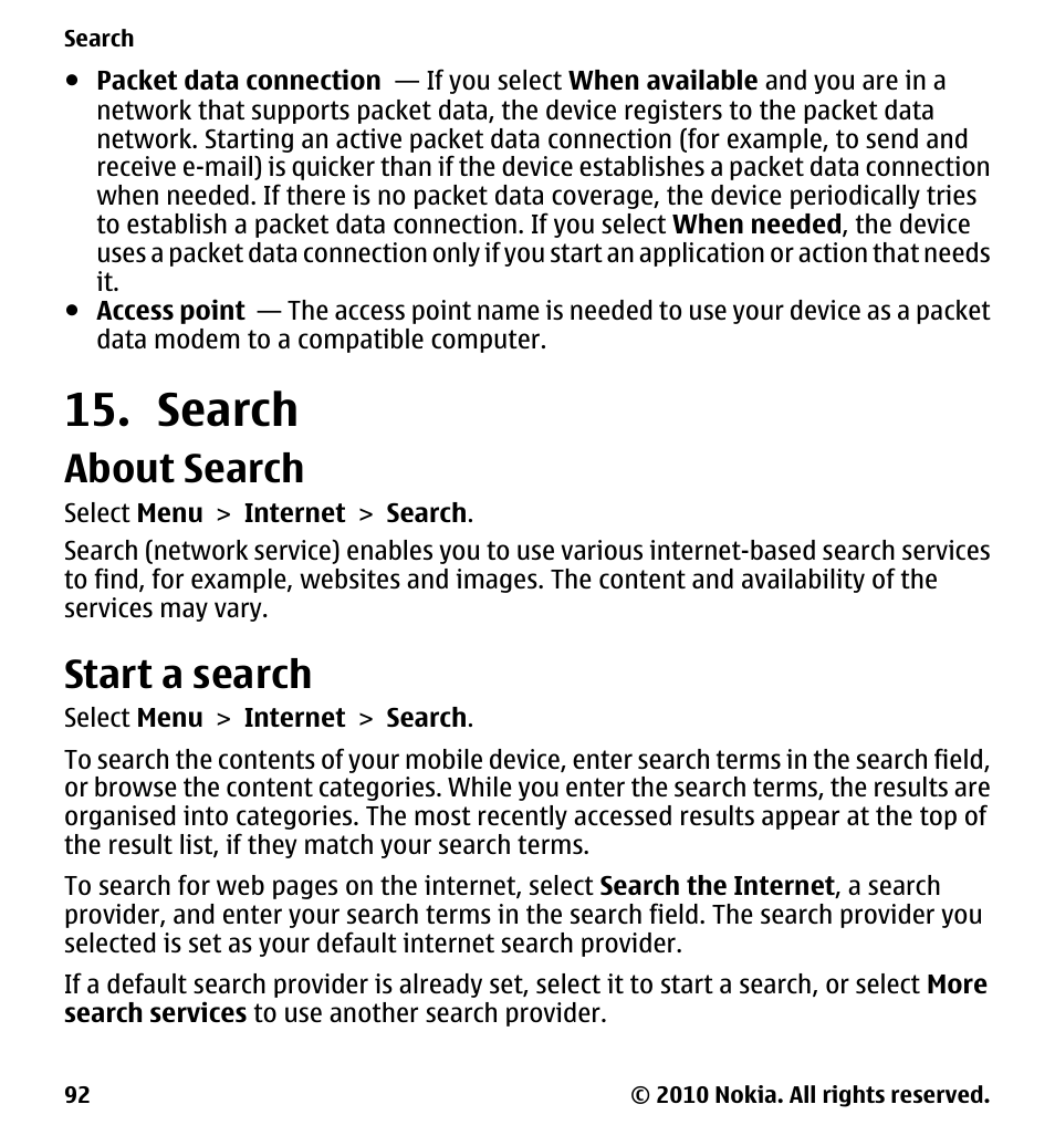Search, About search, Start a search | Nokia 5228 User Manual | Page 92 / 129