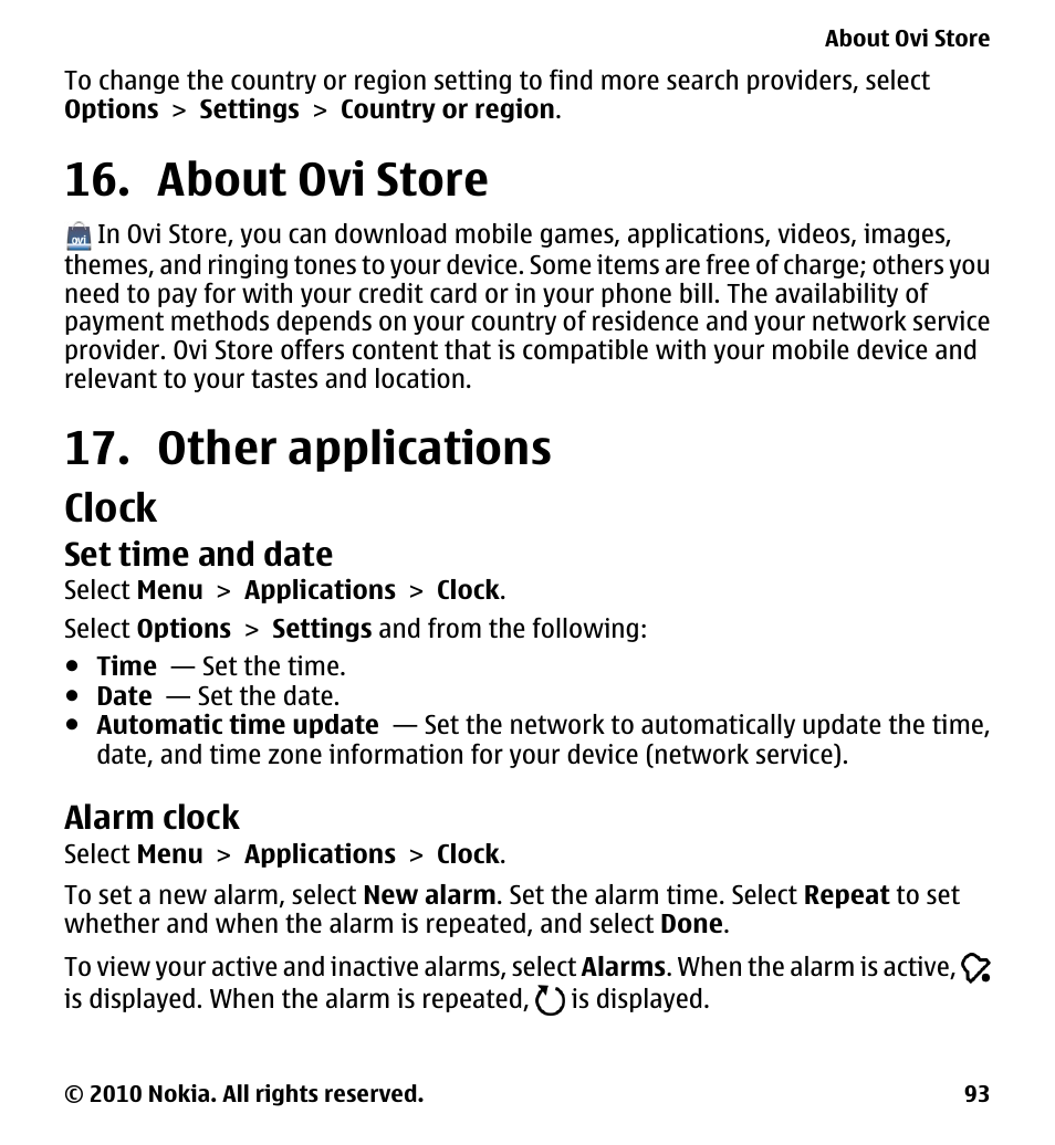 About ovi store, Other applications, Clock | Set time and date, Alarm clock, About ovi store 17. other applications | Nokia 5228 User Manual | Page 93 / 129