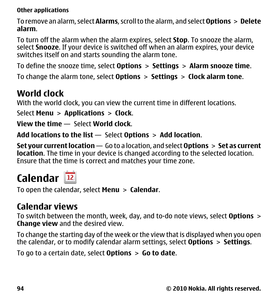 World clock, Calendar, Calendar views | Nokia 5228 User Manual | Page 94 / 129