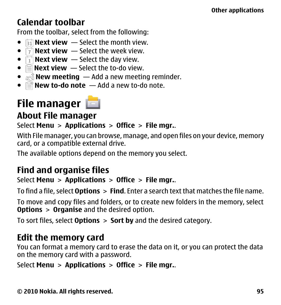 Calendar toolbar, File manager, About file manager | Find and organise files, Edit the memory card | Nokia 5228 User Manual | Page 95 / 129