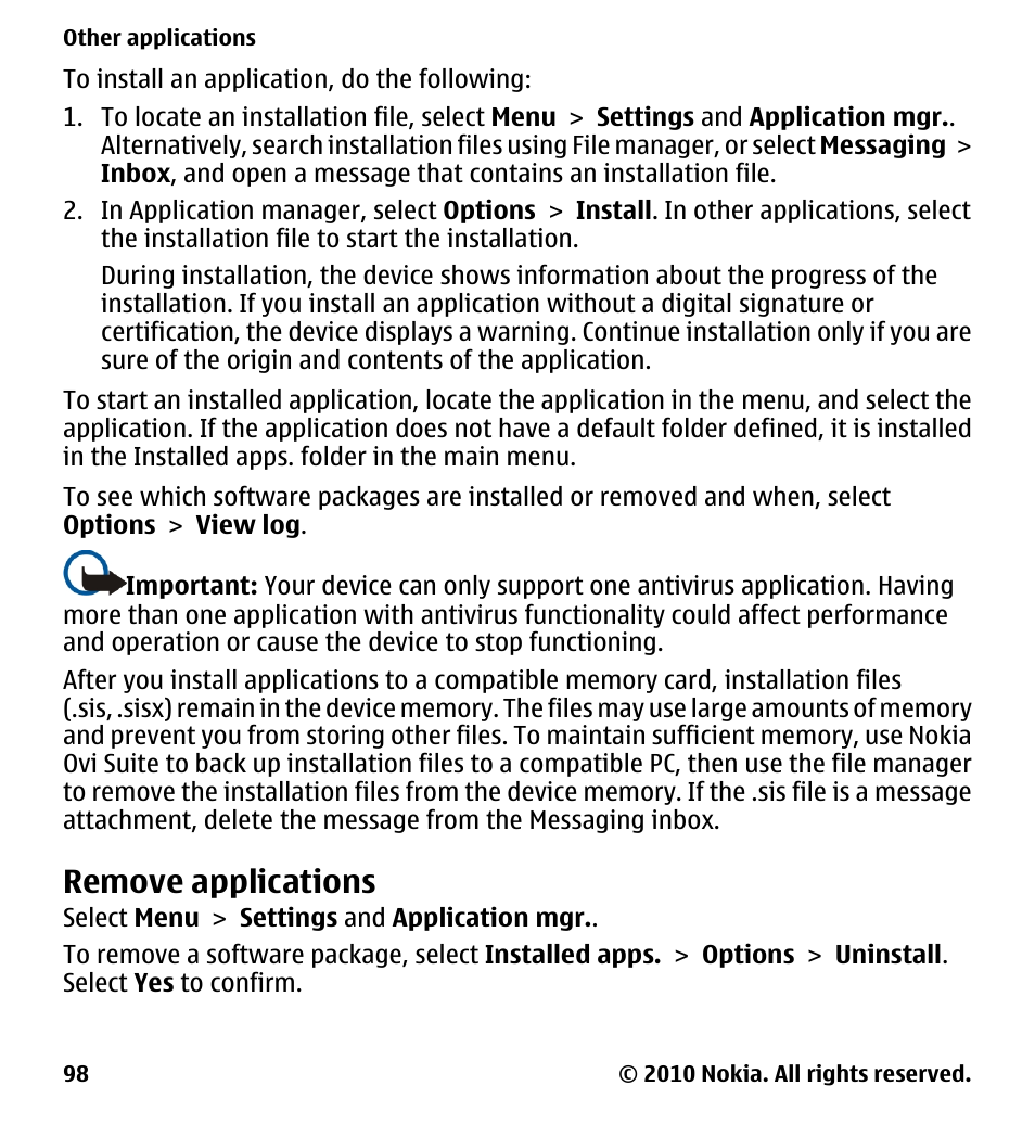 Remove applications | Nokia 5228 User Manual | Page 98 / 129