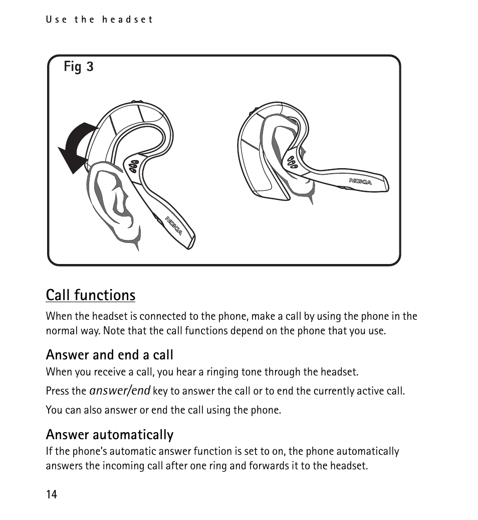 Call functions, Answer and end a call, Answer automatically | Nokia 9232254 User Manual | Page 14 / 86