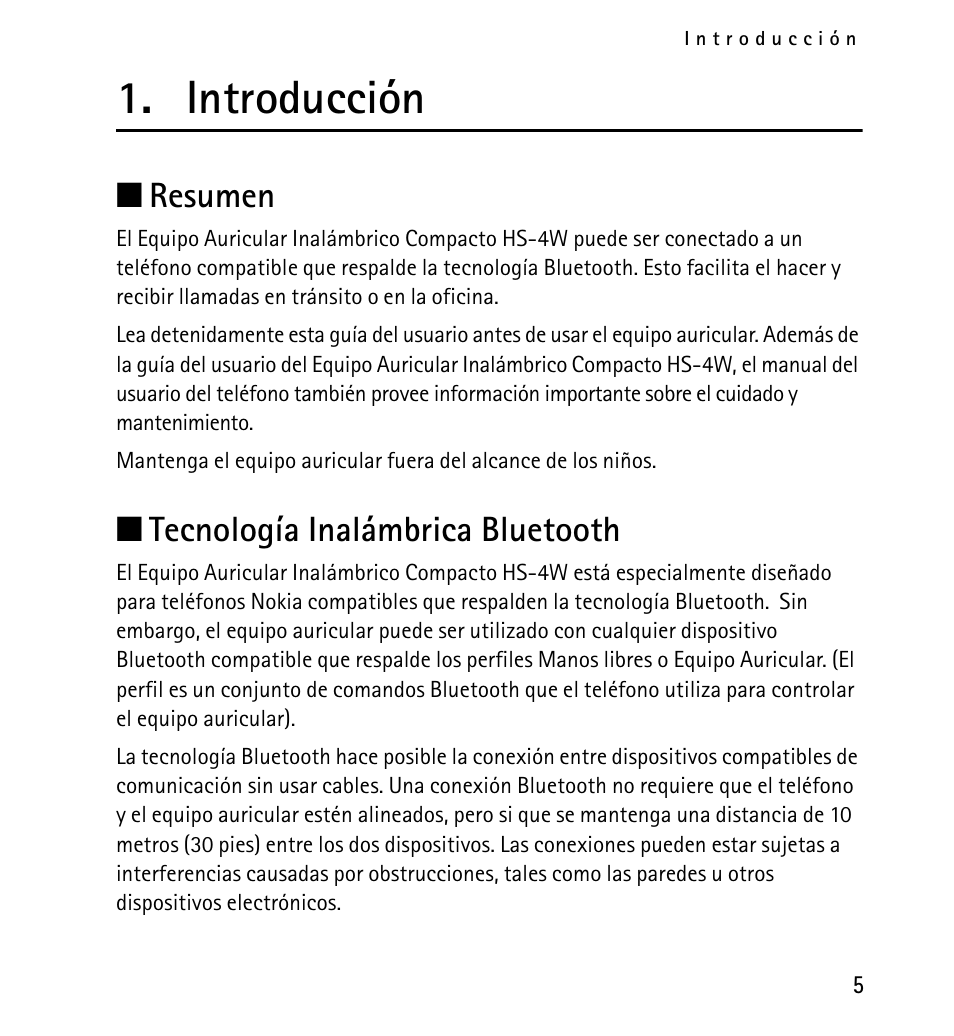 Introducción, Resumen tecnología inalámbrica bluetooth, Resumen | Tecnología inalámbrica bluetooth | Nokia 9232254 User Manual | Page 25 / 86