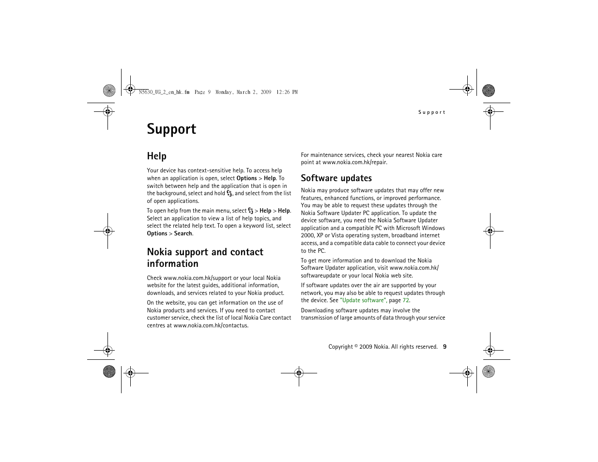 Support, Help, Nokia support and contact information | Software updates, Help nokia support and contact information | Nokia 5630 User Manual | Page 10 / 87