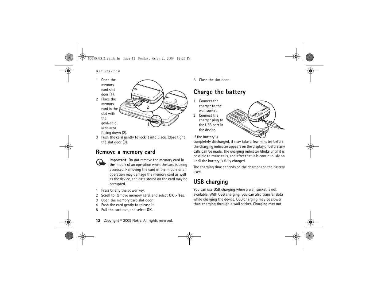 Remove a memory card, Charge the battery, Usb charging | Nokia 5630 User Manual | Page 13 / 87