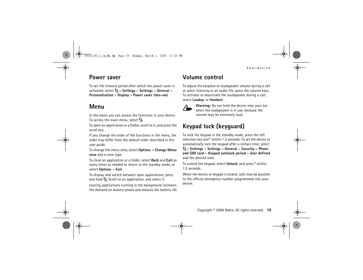 Power saver, Menu, Volume control | Keypad lock (keyguard), Menu volume control keypad lock (keyguard) | Nokia 5630 User Manual | Page 20 / 87