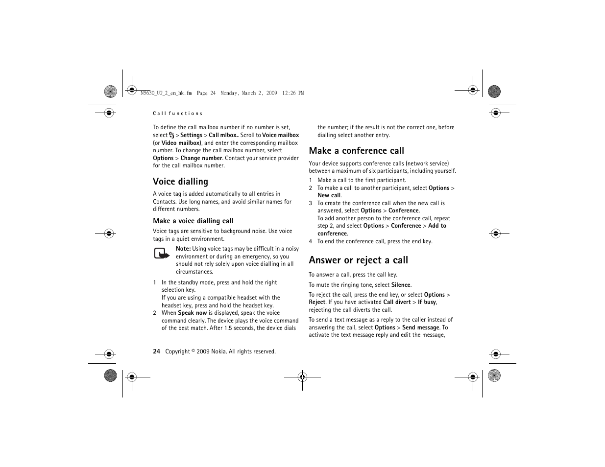 Voice dialling, Make a conference call, Answer or reject a call | Voice dialling make a conference call | Nokia 5630 User Manual | Page 25 / 87